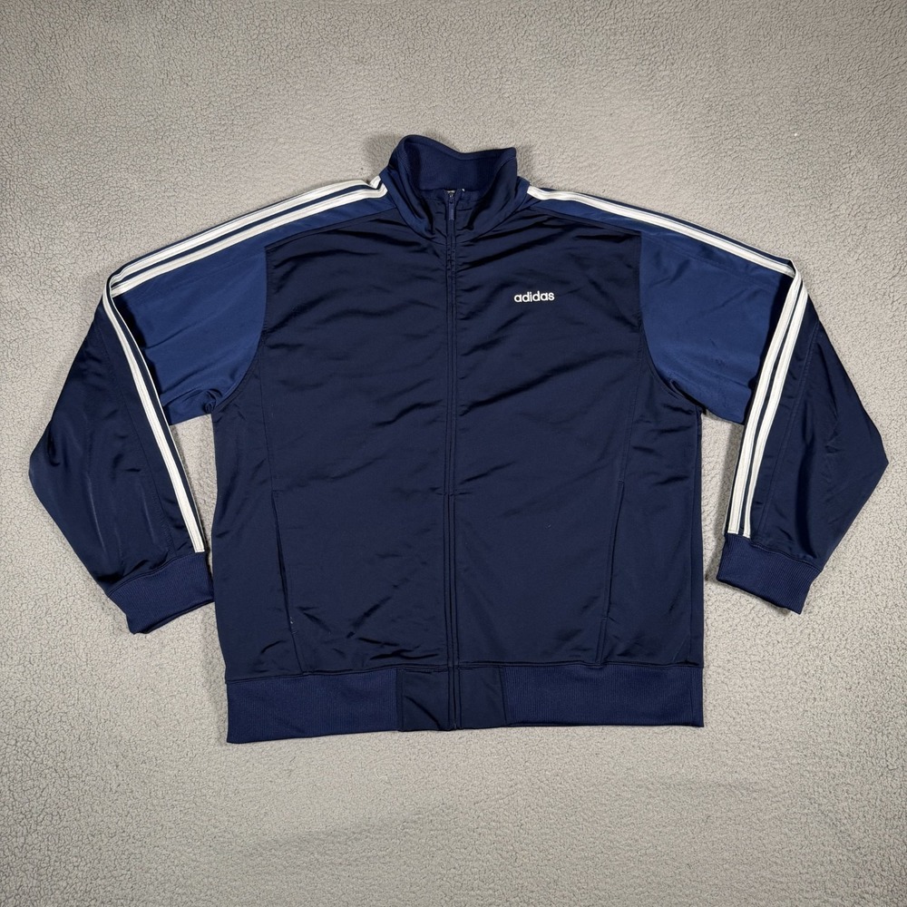 Adidas Track Jacket Mens XL Blue Full Zip 3 Stripes Pockets Casual Preppy Logo